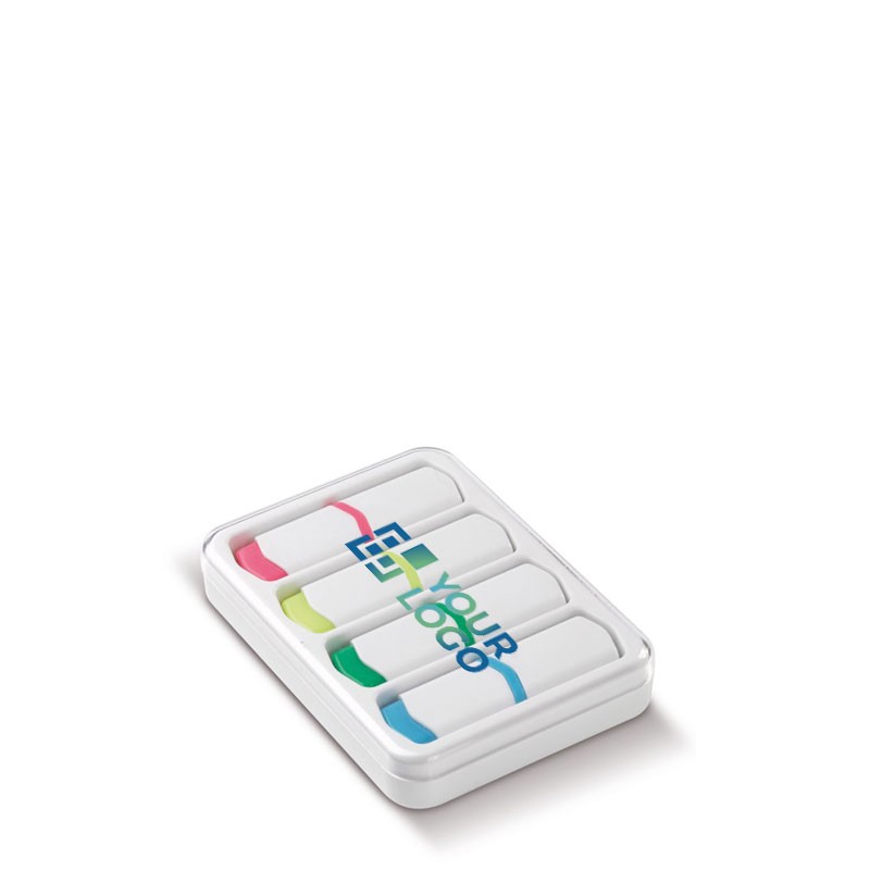 Kit de 4 marcadores mini de distintos colores en caja transparente vista principal