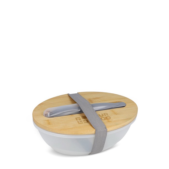 Fiambrera con tapa de bambú y juego de cubiertos con cierre elástico vista principal Fiambrera con tapa de bambú y juego de cubiertos con cierre elástico vista principal
