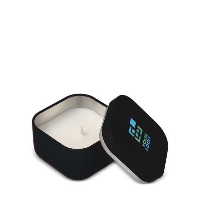 Vela de cera vegetal con aroma a vainilla en tarro de metal cuadrado vista principal Vela de cera vegetal con aroma a vainilla en tarro de metal cuadrado vista principal