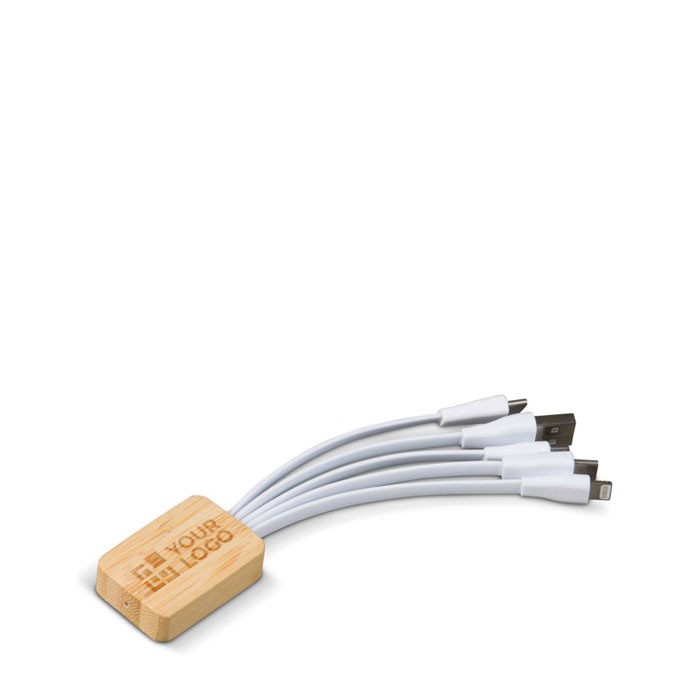 Cuadrado de bambú personalizable con 6 distintos cables de carga vista principal Cuadrado de bambú personalizable con 6 distintos cables de carga vista principal