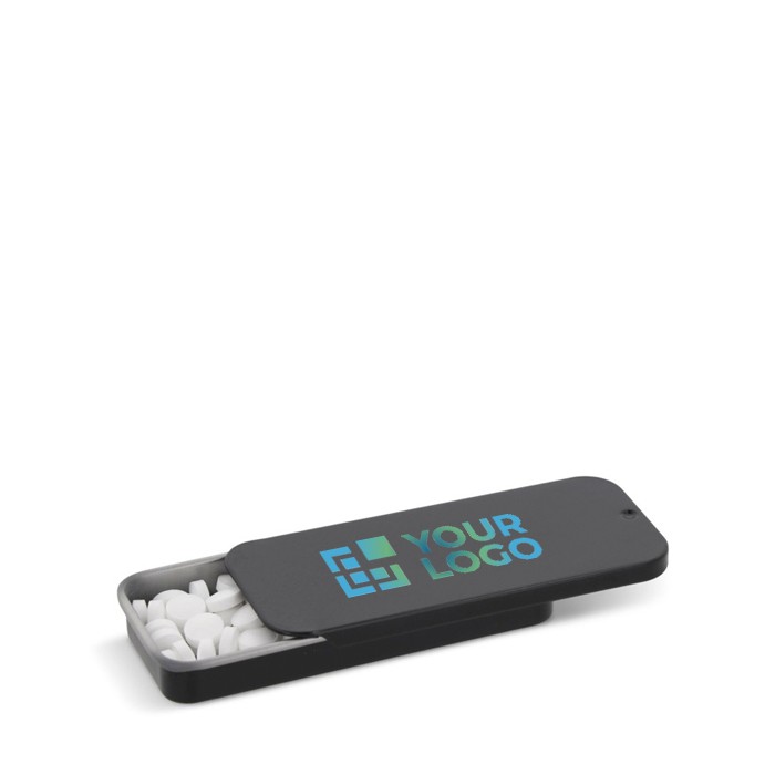 Cajita de metal deslizante con caramelos de menta sin azúcar vista principal