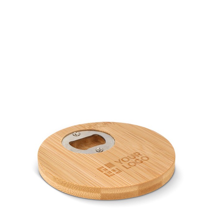 Posavasos circular de bambú con abrebotellas incluido vista principal