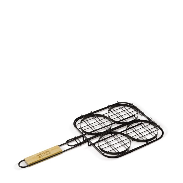 Parrilla con cómoda asa de madera especial para hamburguesas vista principal