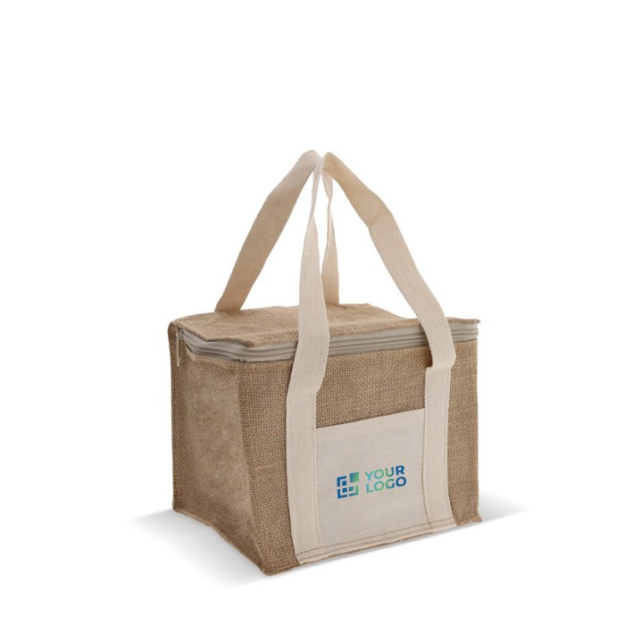 Bolsa nevera de yute y algodón con asas apta para 6 latas vista principal Bolsa nevera de yute y algodón con asas apta para 6 latas vista principal
