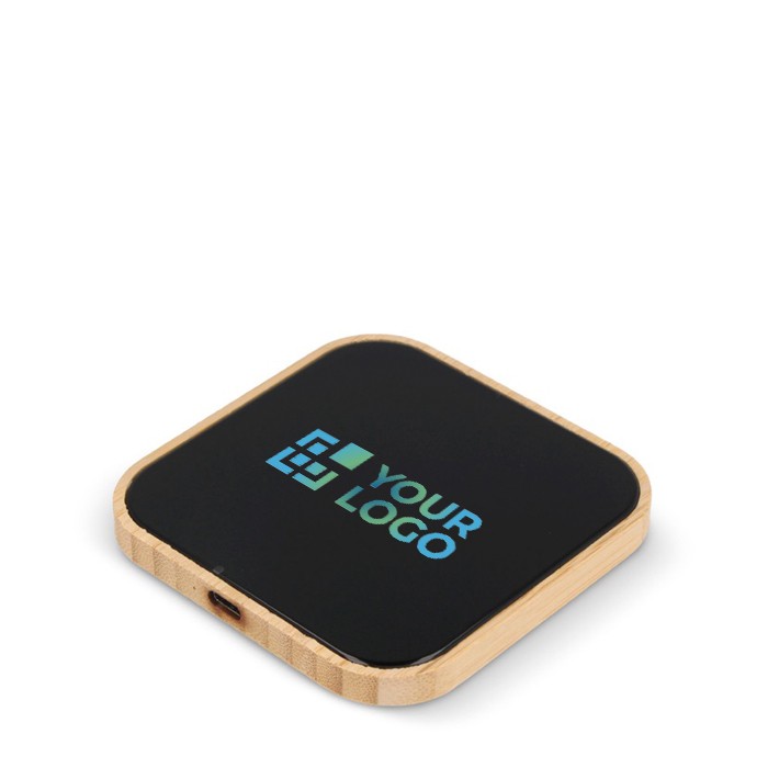 Cargador inalámbrico cuadrado de bambú y cristal negro 10W vista principal Cargador inalámbrico cuadrado de bambú y cristal negro 10W vista principal