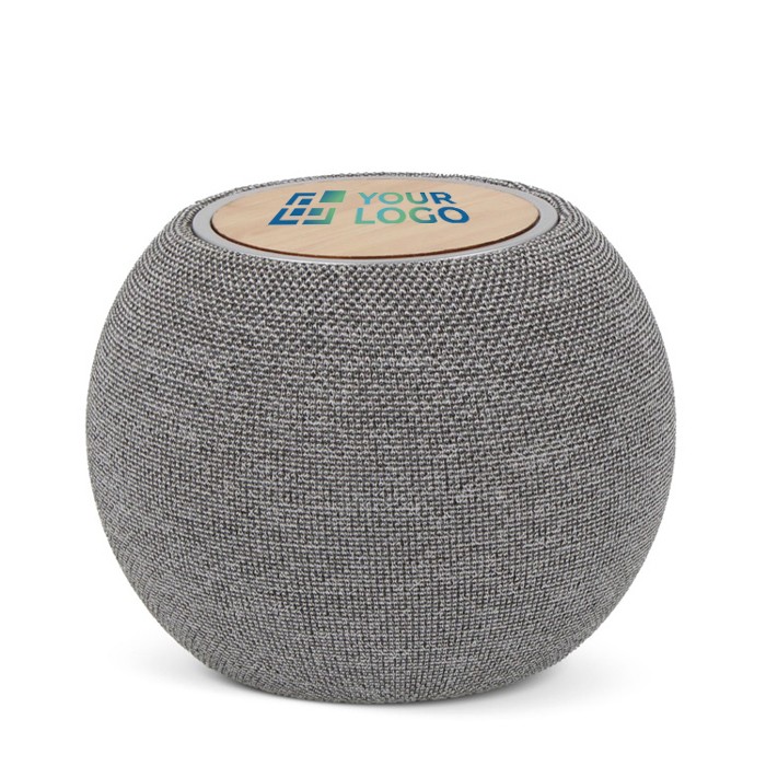 Altavoz y cargador portátil redondo y compacto de RPET y bambú vista principal Altavoz y cargador portátil redondo y compacto de RPET y bambú vista principal