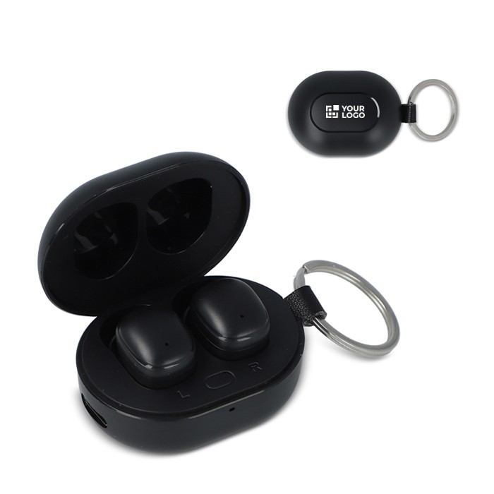 Auriculares pequeños en estuche del tamaño de un llavero vista principal