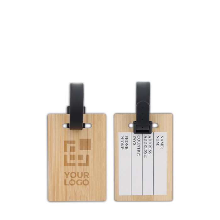 Identificador de maleta hecho de bambú con tarjeta para datos vista principal Identificador de maleta hecho de bambú con tarjeta para datos vista principal