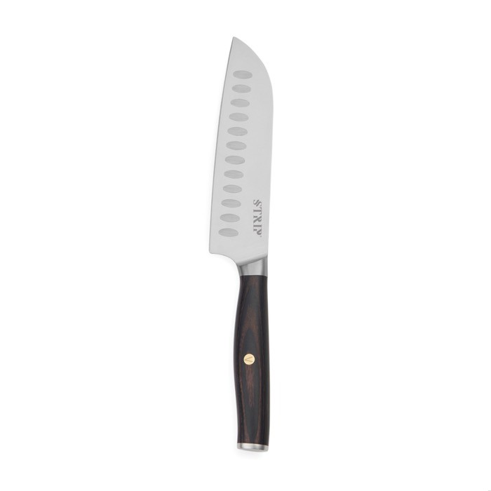 Cuchillo santoku de acero inoxidable reciclado y madera hoja 14cm color plateado vista con logo Cuchillo santoku de acero inoxidable reciclado y madera hoja 14cm color plateado vista con logo