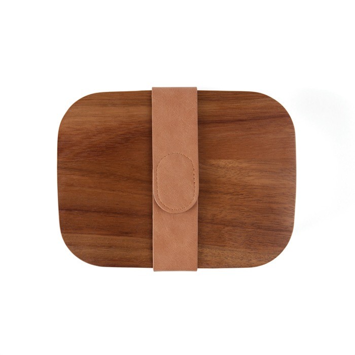 Fiambrera de acero inoxidable reciclado con cierre y tapa de madera color plateado tercera vista Fiambrera de acero inoxidable reciclado con cierre y tapa de madera color plateado tercera vista