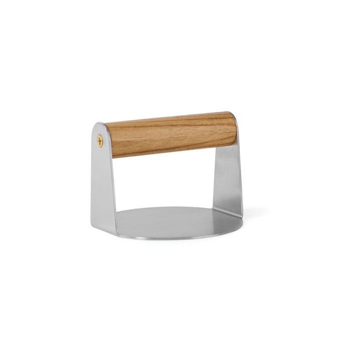 Prensa para hamburguesas de acero inoxidable y asa de madera color marrón Prensa para hamburguesas de acero inoxidable y asa de madera color marrón