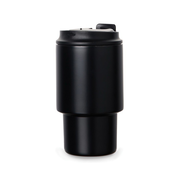 Taza take away en acero reciclado con tapa abatible práctica 350ml color negro tercera vista