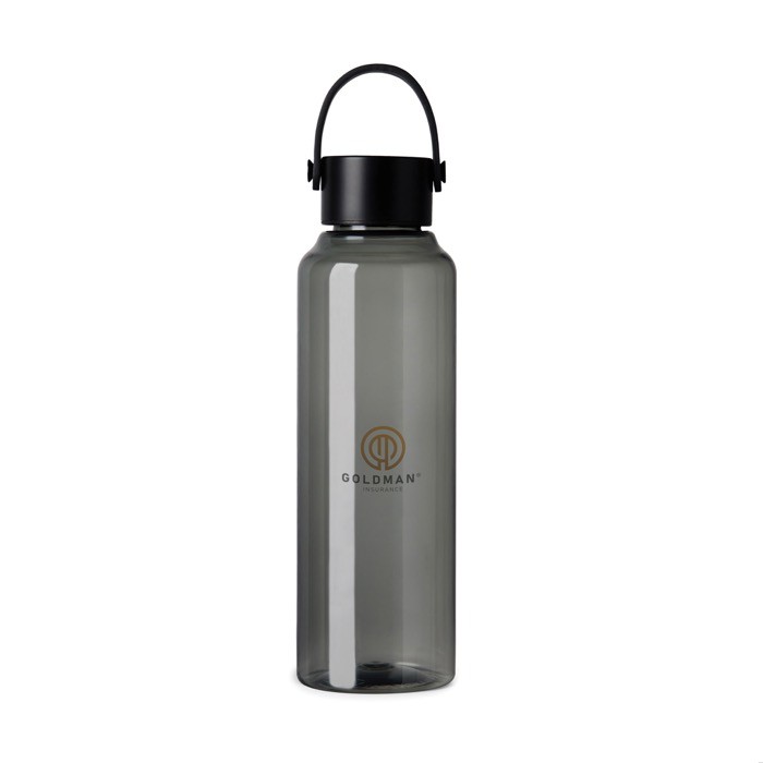 Botella RPET de diseño minimalista con tapa de acero y asa 550ml color negro vista con logo