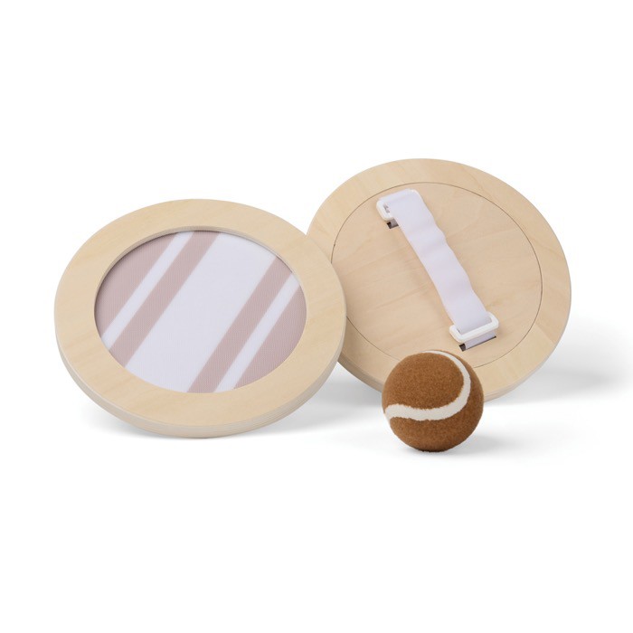 Juego de madera con palas de velcro y pelota que incluye bolsa color marrón Juego de madera con palas de velcro y pelota que incluye bolsa color marrón