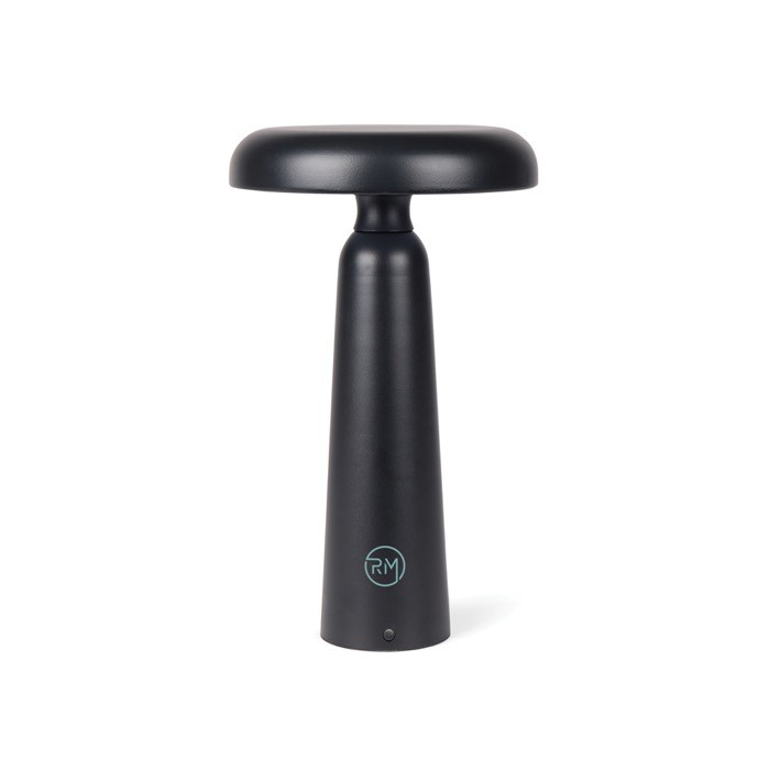 Lámpara de mesa reciclada con luz cálida y blanca regulable por tacto color negro vista con logo