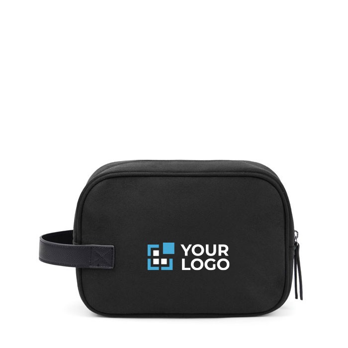 Neceser de poliéster reciclado de tacto suave con asa lateral color negro vista de impresión Neceser de poliéster reciclado de tacto suave con asa lateral color negro vista de impresión