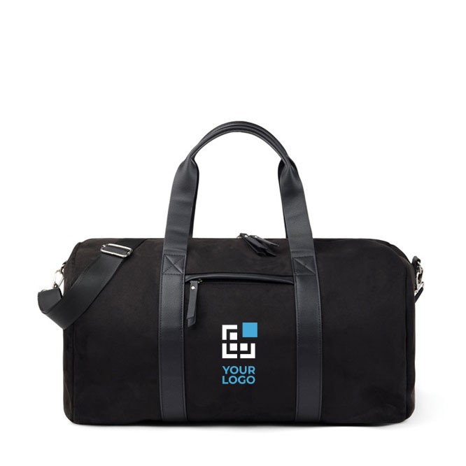 Bolsa de viaje de poliéster reciclado con bolsillo interior color negro vista de impresión Bolsa de viaje de poliéster reciclado con bolsillo interior color negro vista de impresión