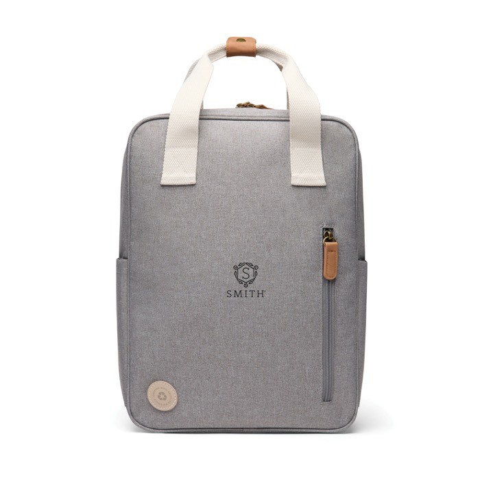 Mochila de viaje ecológica con compartimento lateral para botella color gris vista con logo Mochila de viaje ecológica con compartimento lateral para botella color gris vista con logo