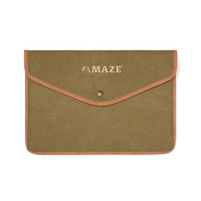 Funda para portátil de lona reciclada con bordes de color 14” color verde vista con logo Funda para portátil de lona reciclada con bordes de color 14” color verde vista con logo