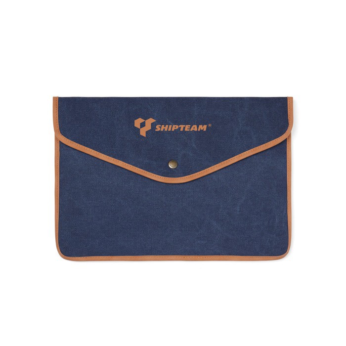 Funda para portátil de lona reciclada con bordes de color 14” color azul marino vista con logo Funda para portátil de lona reciclada con bordes de color 14” color azul marino vista con logo