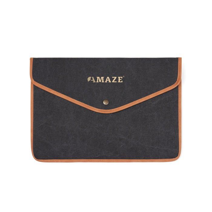 Funda para portátil de lona reciclada con bordes de color 16” color negro vista con logo Funda para portátil de lona reciclada con bordes de color 16” color negro vista con logo