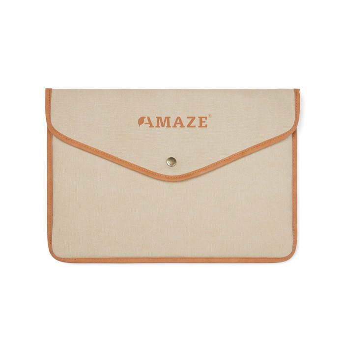 Funda para portátil de lona reciclada con bordes de color 16” color beige vista con logo Funda para portátil de lona reciclada con bordes de color 16” color beige vista con logo