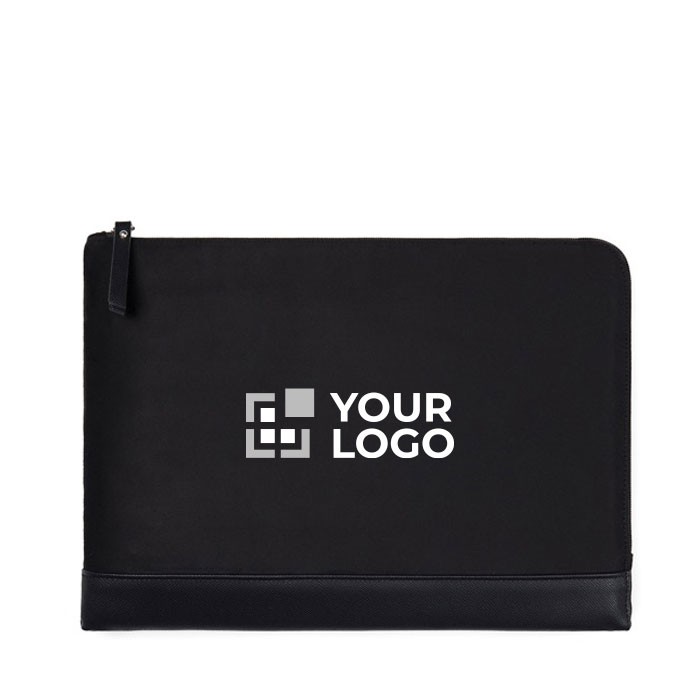 Funda para PC acolchada de poliéster reciclado con cremallera 16” color negro vista de impresión