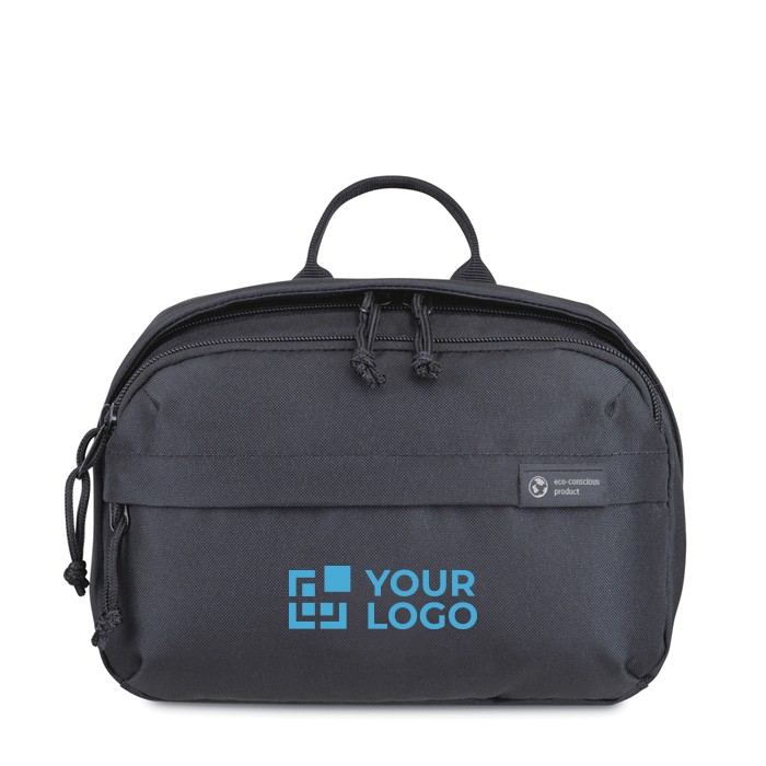 Neceser de viaje para aseo RPET con asa superior y gran espacio color negro vista de impresión