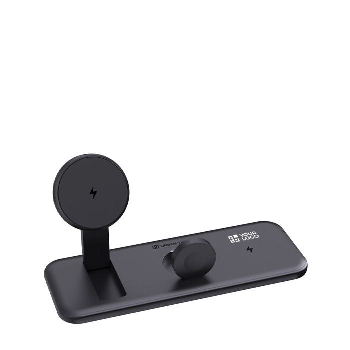Cargador magnético 3 en 1 con carga inalámbrica magnética 15W color negro vista de impresión