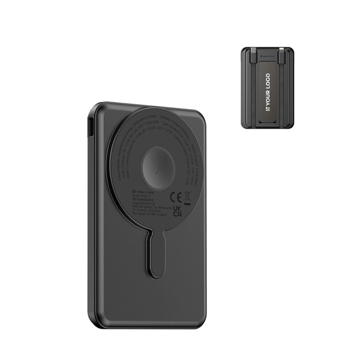 Powerbank 5 en 1 ecológica con cables de carga y soporte 5.000 mAh color negro vista de impresión