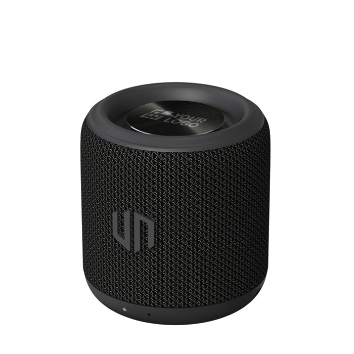 Altavoz con materiales reciclados y micrófono incorporado color negro vista de impresión Altavoz con materiales reciclados y micrófono incorporado color negro vista de impresión