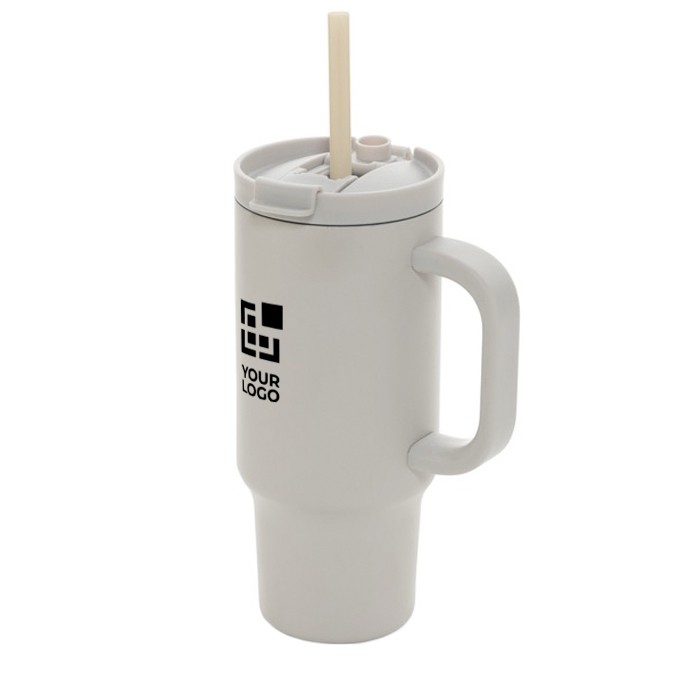 Vaso térmico de acero inoxidable reciclado con pajita y asa 480 ml color gris vista de impresión