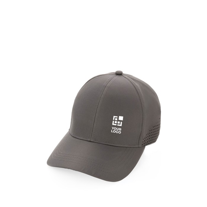 Gorra deportiva de RPET con 6 paneles y ajuste trasero de hebilla color gris vista de impresión