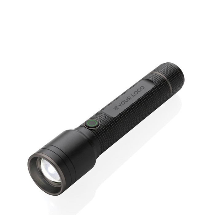 Linterna grande de aluminio reciclado 5 modos de luz y alcance 500m color negro vista de impresión Linterna grande de aluminio reciclado 5 modos de luz y alcance 500m color negro vista de impresión