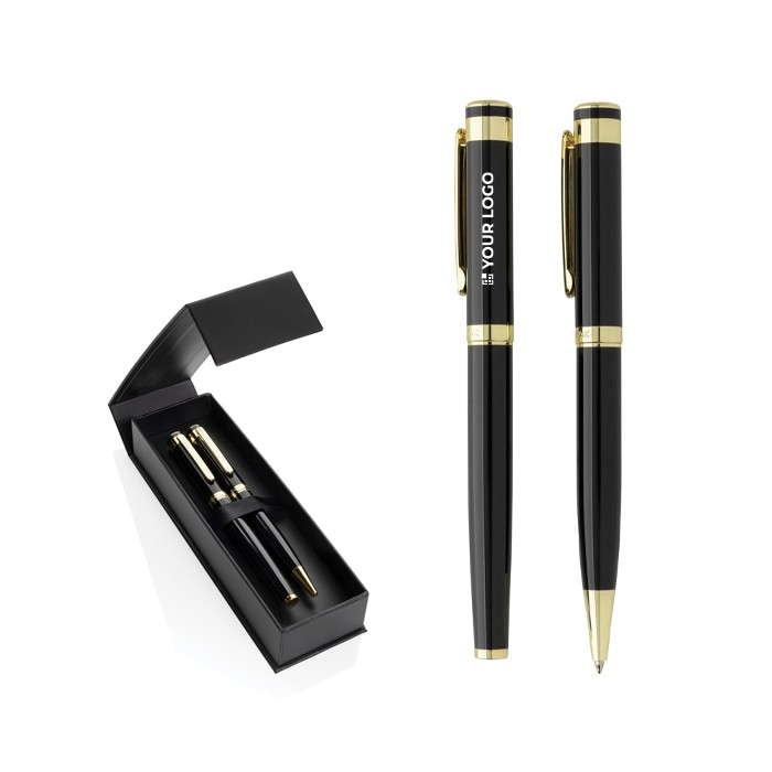 Set de bolígrafos latón reciclado con detalle dorado tinta azul color negro vista de impresión Set de bolígrafos latón reciclado con detalle dorado tinta azul color negro vista de impresión