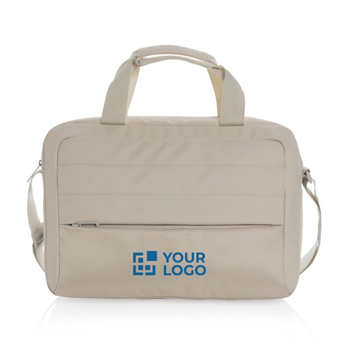 Maletín de RPET con bolsillo y costuras decorativas delante 15,6” color beige vista de impresión Maletín de RPET con bolsillo y costuras decorativas delante 15,6” color beige vista de impresión