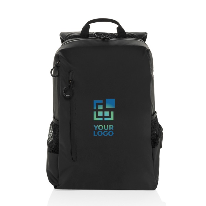 Mochila de RPET resistente al agua con bolsillo frontal PC 15,6” color negro vista de impresión Mochila de RPET resistente al agua con bolsillo frontal PC 15,6” color negro vista de impresión