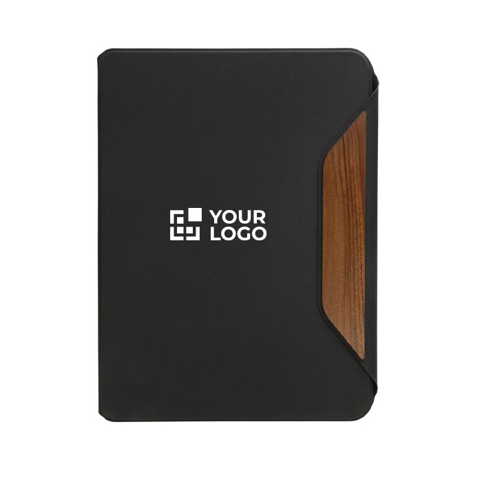 Portafolio de tapa dura de nogal con papel 70 g/m2 A4 hojas a rayas color negro vista de impresión Portafolio de tapa dura de nogal con papel 70 g/m2 A4 hojas a rayas color negro vista de impresión