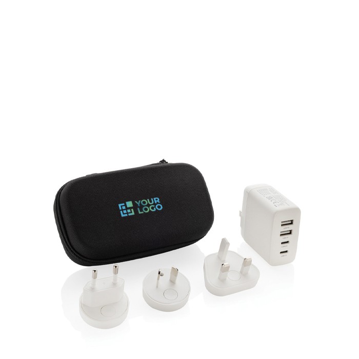 Cargador de viaje multiregional con bolsa de viaje incorporada color blanco vista de impresión Cargador de viaje multiregional con bolsa de viaje incorporada color blanco vista de impresión