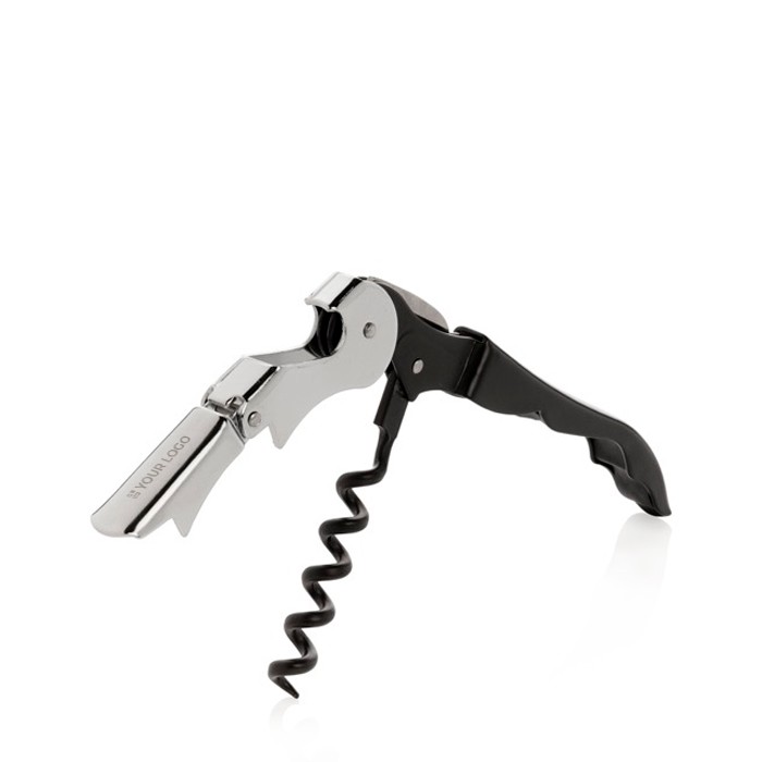 Sacacorchos clásico de camarero de acero inoxidable con caja color negro vista de impresión