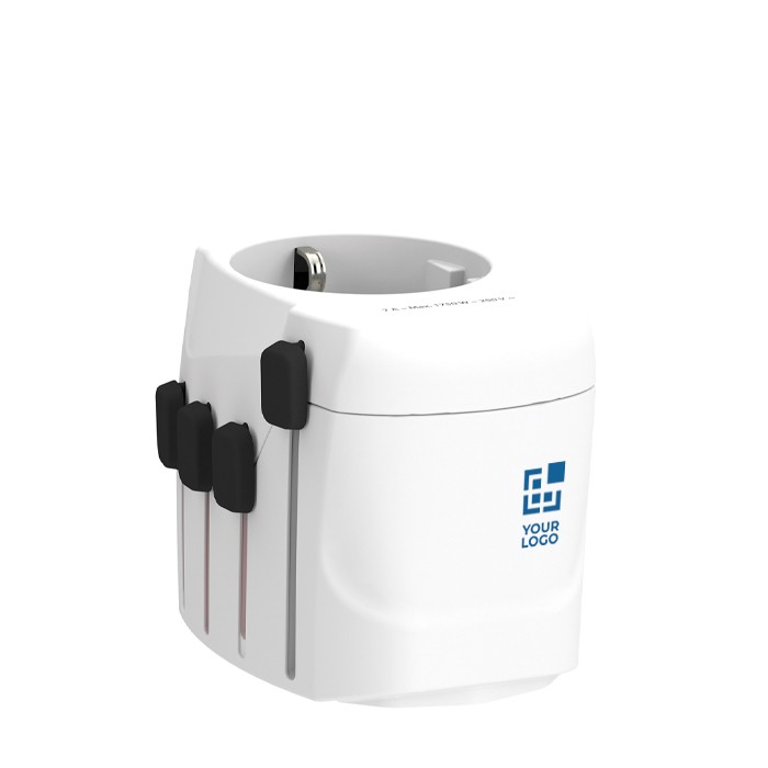 Adaptador de viaje mundial con más de 100 destinos Skross color blanco vista de impresión Adaptador de viaje mundial con más de 100 destinos Skross color blanco vista de impresión