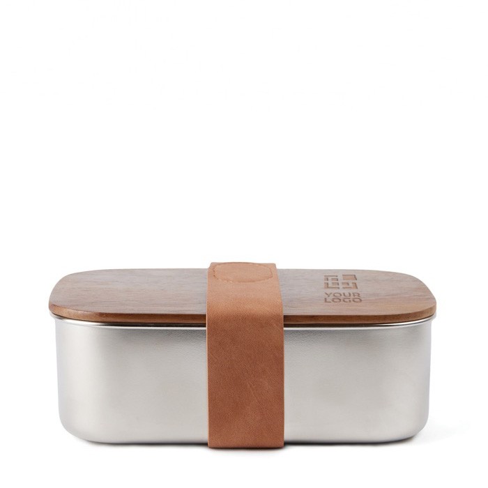 Fiambrera de acero inoxidable reciclado con cierre y tapa de madera color plateado vista de impresión Fiambrera de acero inoxidable reciclado con cierre y tapa de madera color plateado vista de impresión