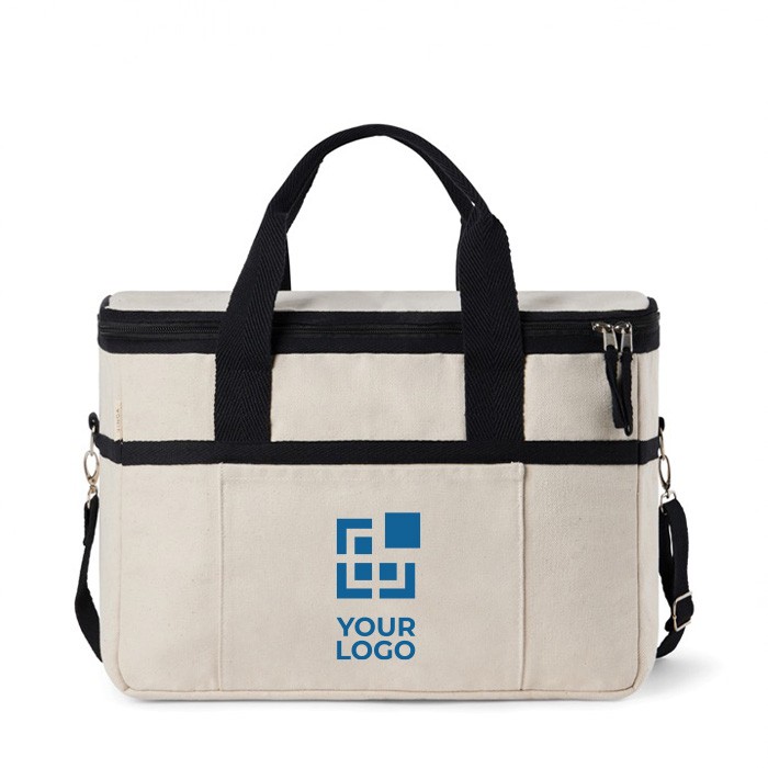 Nevera de algodón reciclado con correa para el hombro y asas color blanco roto vista de impresión Nevera de algodón reciclado con correa para el hombro y asas color blanco roto vista de impresión