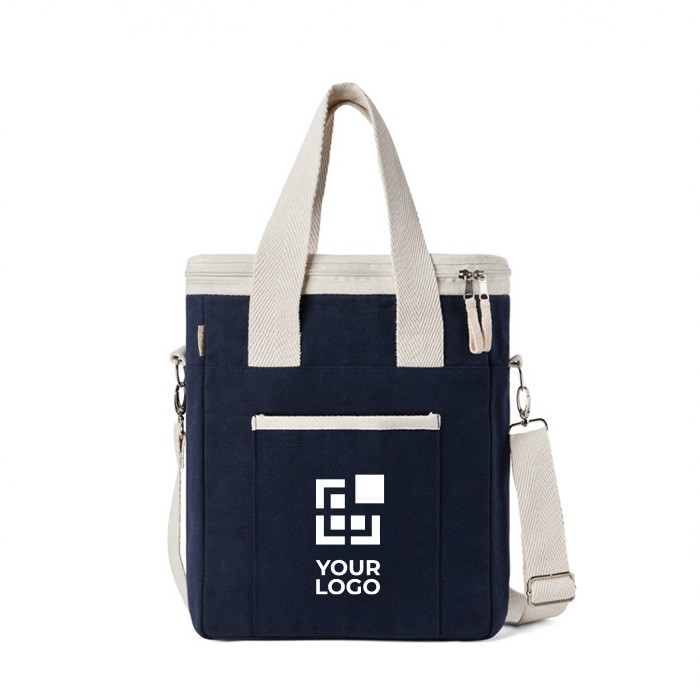 Nevera de algodón reciclado con correa para el hombro y asas color azul marino vista de impresión Nevera de algodón reciclado con correa para el hombro y asas color azul marino vista de impresión