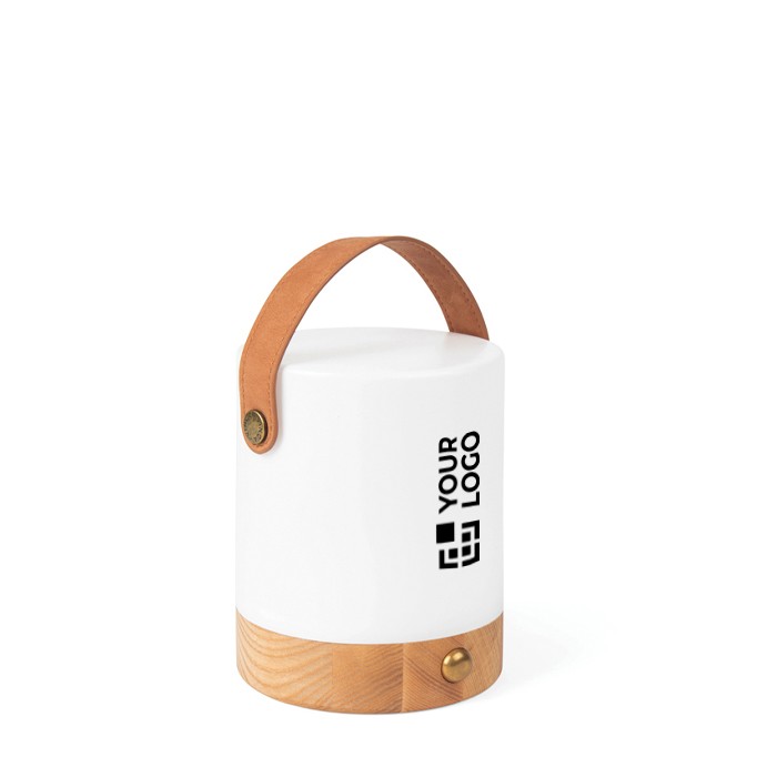 Linterna portátil ecológica con dos modos de luz y base de madera color marrón vista de impresión