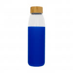 Botella de cristal con funda de silicona color azul vista delantera