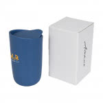 Vaso de cerámica de doble pared color azul con logo
