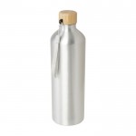 Botella grande de aluminio reciclado con tapa de bambú y correa 1L color plateado