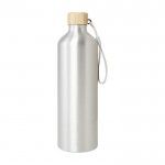 Botella grande de aluminio reciclado con tapa de bambú y correa 1L color plateado segunda vista frontal