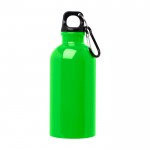 Botella de acero inoxidable reciclado con mosquetón 400ml color verde fluorescente segunda vista frontal